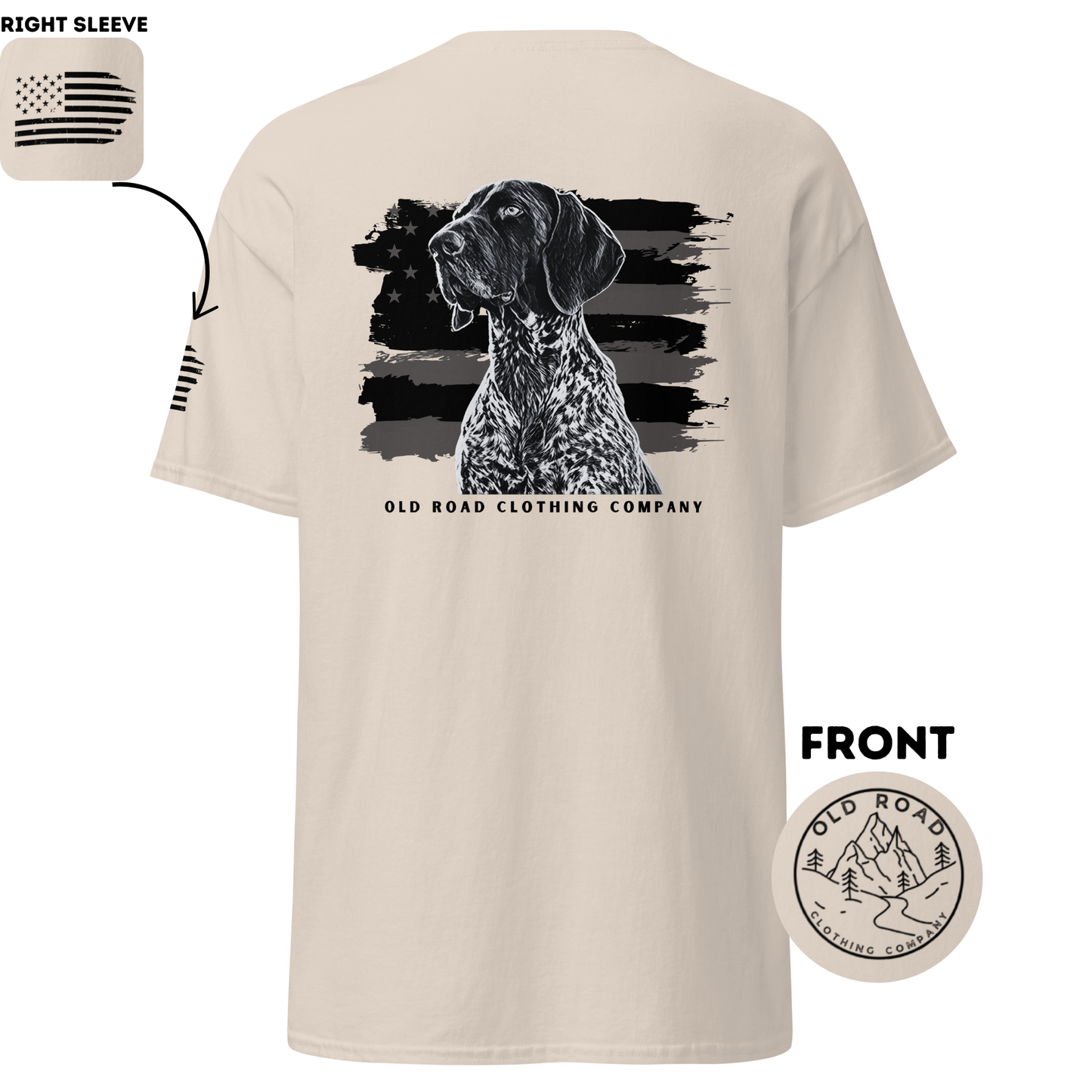 GSP T Shirt | Black and White American Flag | Bird Hunting Shirt | Flag T Shirt | German Shorthaired Pointer T Shirt | Upland Hunting Shirt