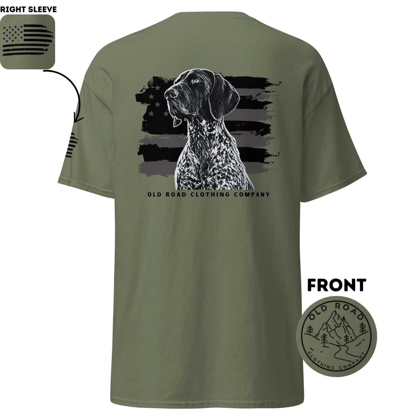 GSP T Shirt | Black and White American Flag | Bird Hunting Shirt | Flag T Shirt | German Shorthaired Pointer T Shirt | Upland Hunting Shirt
