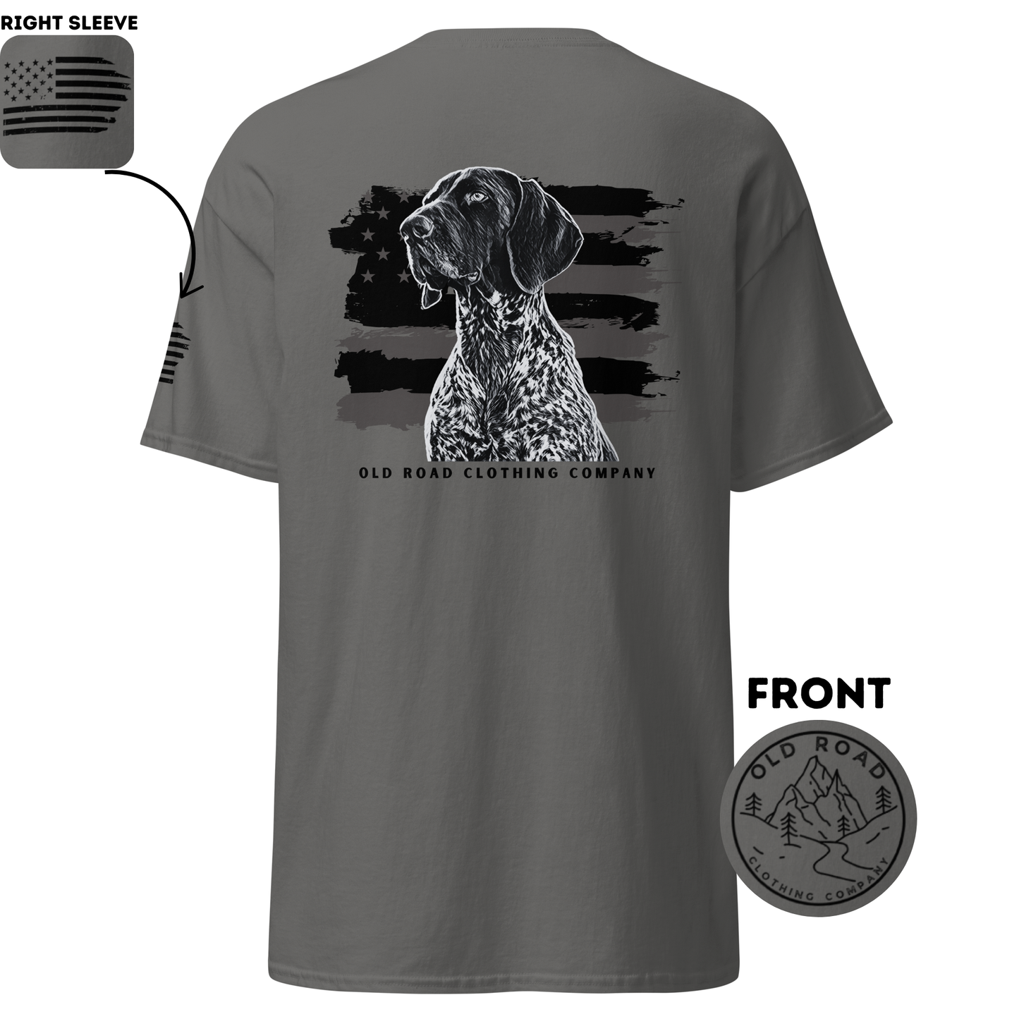 GSP T Shirt | Black and White American Flag | Bird Hunting Shirt | Flag T Shirt | German Shorthaired Pointer T Shirt | Upland Hunting Shirt