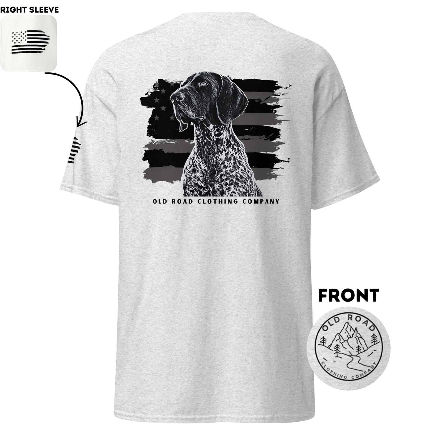 GSP T Shirt | Black and White American Flag | Bird Hunting Shirt | Flag T Shirt | German Shorthaired Pointer T Shirt | Upland Hunting Shirt