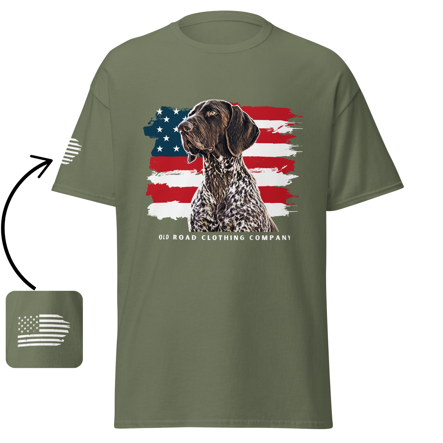GSP T Shirt | GSP American Flag T Shirt | Upland Hunting Dog | Pheasant Hunting Dog | German Shorthaired Pointer | Grouse Hunting Shirt