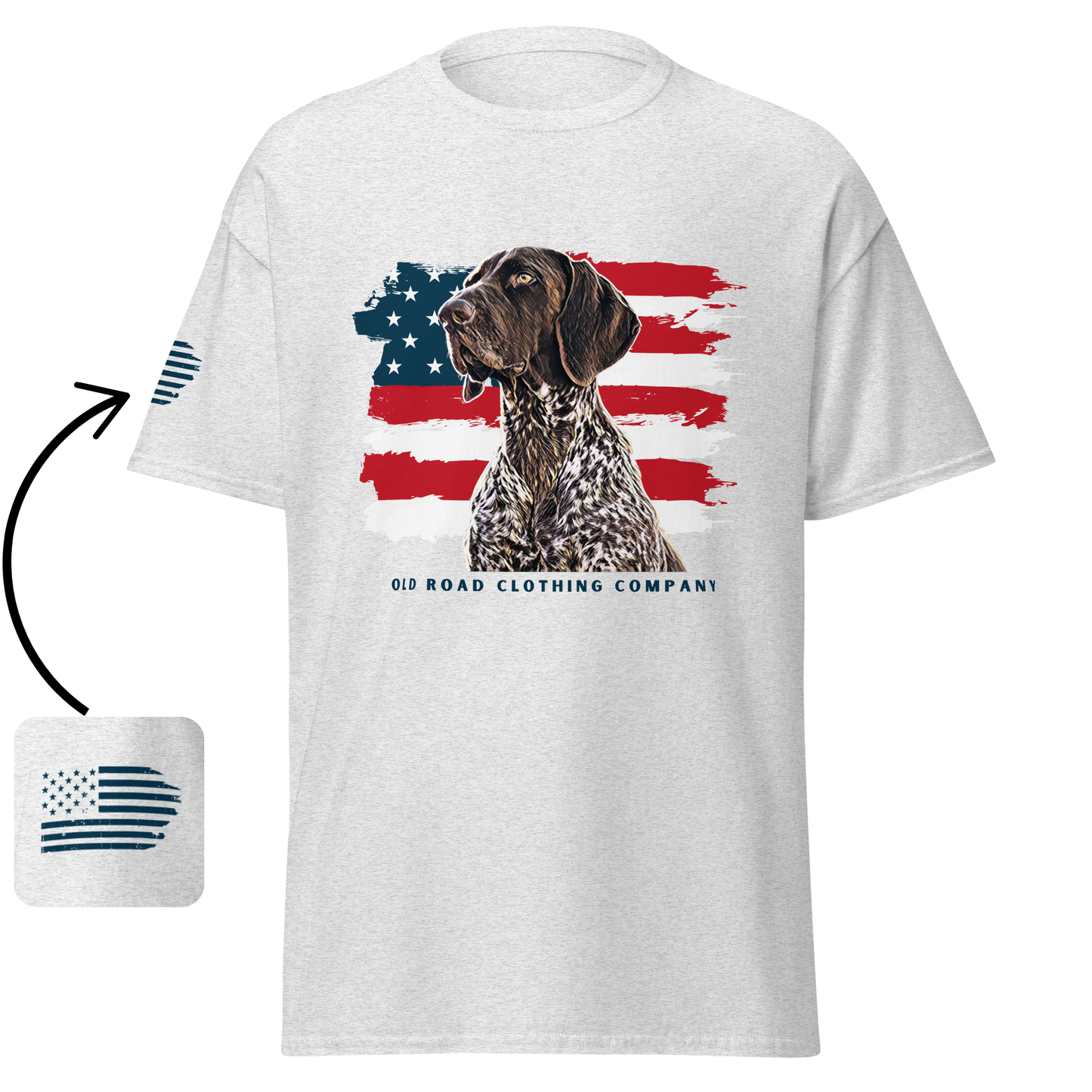 GSP T Shirt | GSP American Flag T Shirt | Upland Hunting Dog | Pheasant Hunting Dog | German Shorthaired Pointer | Grouse Hunting Shirt