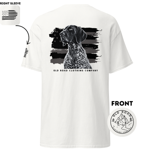 GSP T Shirt | Black and White American Flag | Bird Hunting Shirt | Flag T Shirt | German Shorthaired Pointer T Shirt | Upland Hunting Shirt
