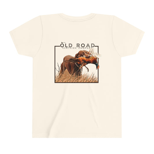 Youth of Labrador Retriever Pheasant Hunting T Shirt | Lab Retrieving Pheasant | Duck Hunting | Hunting Dog Shirt | Chocolate Lab | Upland Hunting